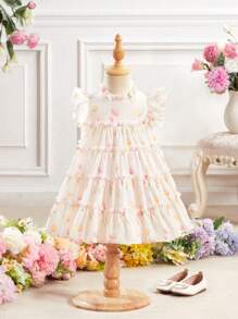 Baby Girl Elegant Floral Print Ruffle Trim Summer Dress - Multicolor - View 5