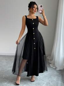 Elenzga 女士纯色单排扣方领无袖休闲连衣裙