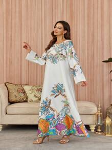 Al Najma Flower Print Loose Robe For Women Kaftan Jalabiya Dress - White - View 5
