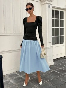 Chiquease Women's French Retro Party Dating Vacation Square Neck Elegant Color Matching Black And White Splicing Long Sleeve Leg Of Mutton Sleeve Casual Knitted High Elastic A-Hem Long Dress Maxi Women Outfit Fall Cloth For Women - Multicolor - View 5