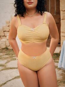 SHEIN Swim Mod 大码女式 2 件套宽肩带格子蝴蝶结装饰高腰比基尼泳装套装，适合海滩度假