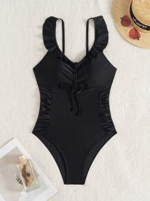 Swim Lushoire Women's One-Piece Swimsuit With Drawstring Chest, Hollow Sides, And Ruffle Trim, Black, Beach & Leisure Wear For Summer Beach Vacation