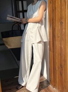 DAZY 2 件套女士休闲纯色开衩背心和裤子套装，春夏秋冬