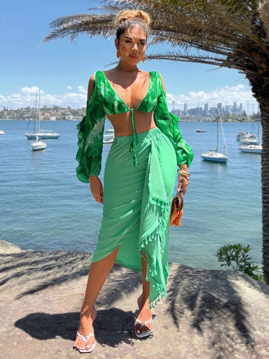 SHEIN SXY 2pcs Set: Green Floral Print Long Sleeve Shirt And Twist Knot Skirt, Casual Spring/Summer Resort Outfits For Women - Green - View 1