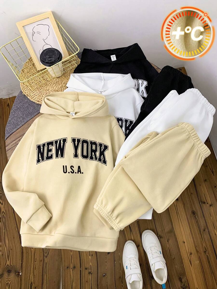 SHEIN Leap Crew Bộ đồ 6 món/bộ áo hoodie họa tiết và quần nỉ cho bé trai tuổi teen, lót nhiệt, dày dặn cho mùa thu/đông - Nhiều màu - Xem 1