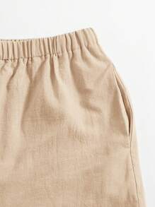 SHEIN EZwear 單排扣素色襯衫和短褲套裝 - 杏色 - 查看 5