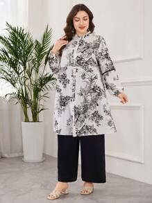 Lacomfia 2pcs Plus Size Casual Set - Stand Collar Retro Floral Print Pleated Loose Top