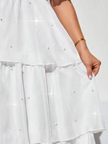 SHEIN Clasi 曲线美大码女式浪漫优雅 V 领白色腰部多层荷叶边长裙，带闪亮珍珠装饰，度假，白色连衣裙优雅大方，白色毕业礼服，女士端庄连衣裙，全白女装，女士夏季服装，毕业礼服，女士婚礼宾客礼服，女士毕业礼服，女士生日礼服，外出，度假礼服，女士生日服装，生日礼服，女士度假服装，女士音乐会服装，女士节日服装，茶会礼服飘逸连衣裙，女士派对礼服，大码白色连衣裙，闪亮连衣裙，荷叶边连衣裙，女士端庄连衣裙，婚礼宾客礼服，婚礼活动礼服，仙女连衣裙，褶皱连衣裙，雪纺连衣裙