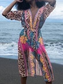 Swim Lushoire 春假新款夏季罩衫上衣，彩色印花长袖系带前海滩度假时尚罩衫和服女款