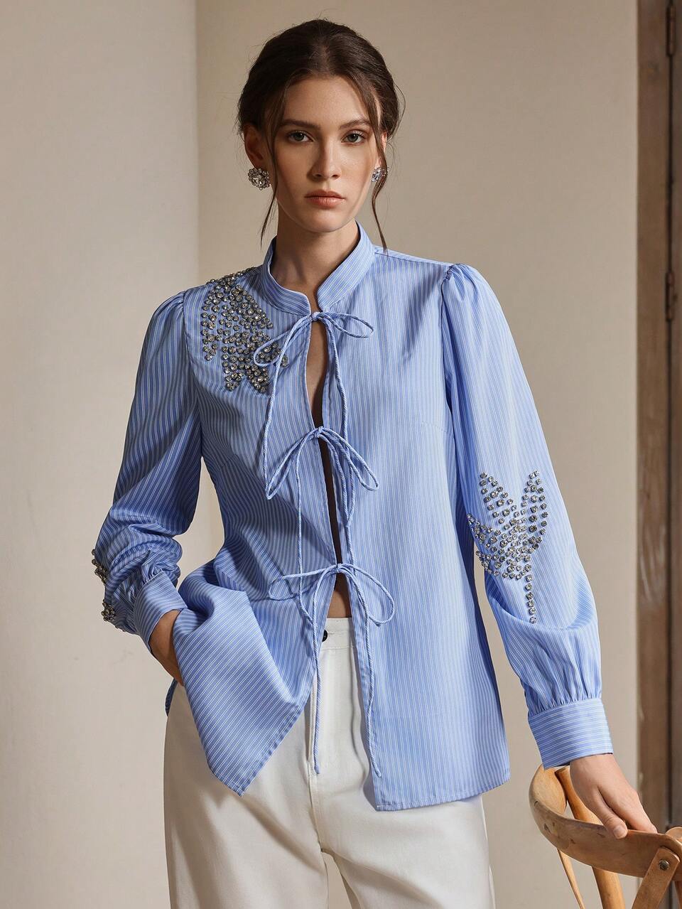 Women's Elegant Beaded & Rhinestone Embellished Leaf Tie-Front Blouse, Spring/Summer