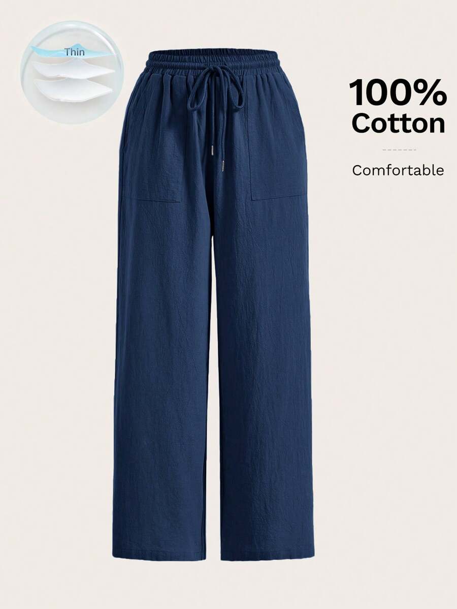 SHEIN EZwear Pantalones anchos con cintura con cordón - Azul Marino - Ver 1