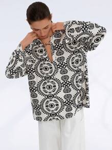 SHEIN Privé Women's Faux Embroidery Random Print Casual Vacation Versatile Retro Luxury Elegant V-Neck Long Sleeve Blouse Fall Cloth For Women