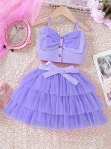 SHEIN 2pcs/Set Young Girls Bow Decor Suspender Mesh Skirt - Mauve Purple - View 1