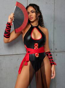 Fantasy Costume Kostüm-Dessous-Set für Damen (Jumpsuit, 2 Paar Handschuhe, 1 Gürtel, 2 Paar Armbänder)