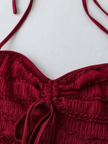 Sweetra Áo ba lỗ dệt kim ngắn họa tiết dây rút màu đỏ trơn, bó eo, thời trang & đa năng, thiết kế giản dị & tối giản dành cho phụ nữ - Đỏ - Xem 6