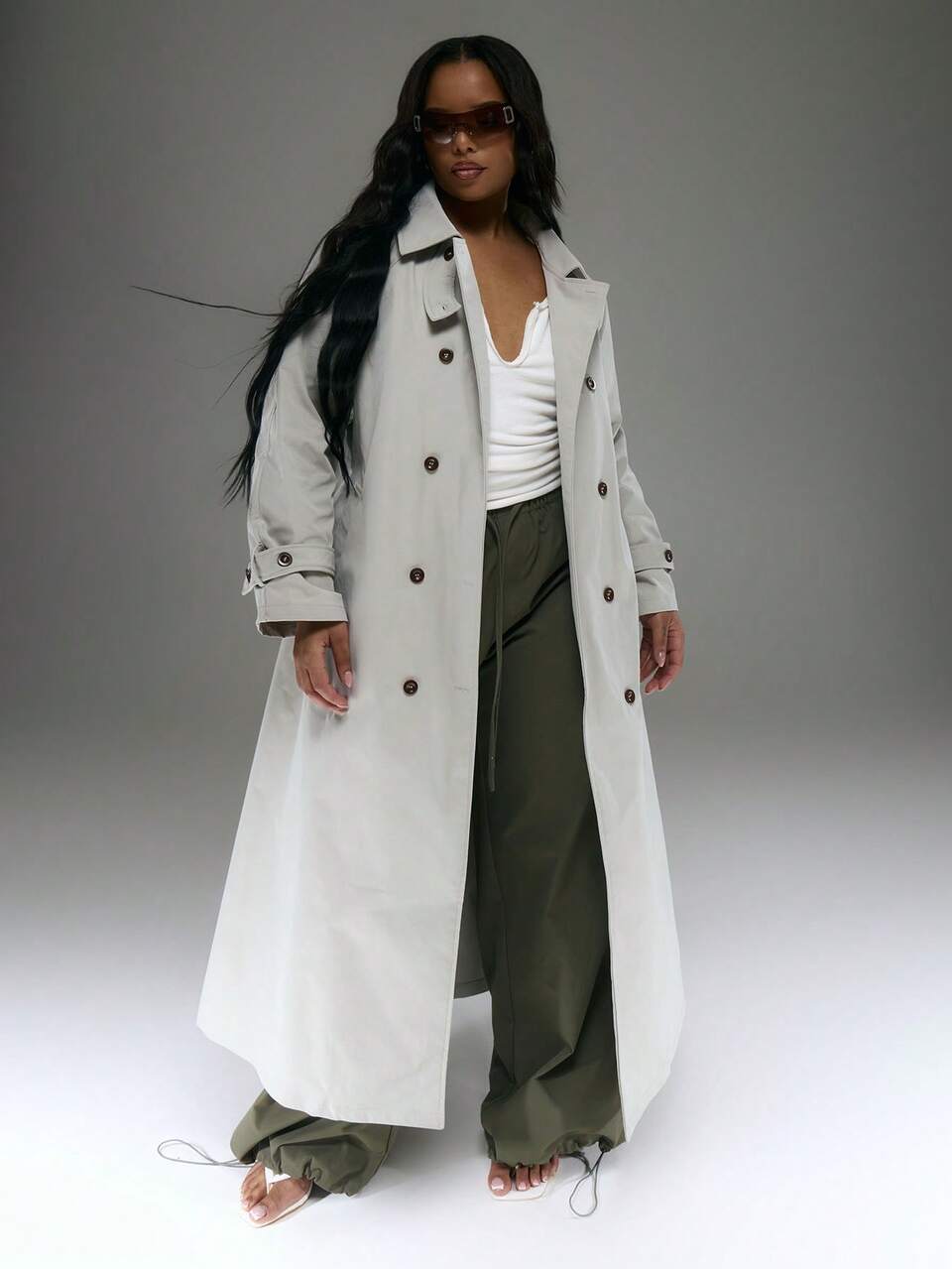 Curve Woven Belted Button Up Maxi Trench Coat For Streetstyle, Cool, Casual, Everyday, Y2K Style, 2000's Style, Elegant, Business Casual , Holiday