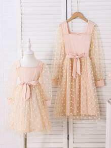 Young Girl Patchwork Polka Dot Mesh Long Sleeve Square Neck Dress,Blush Pink,Autumn,Fairy,Formal,Party,Suitable For Parent-Child Activities,Soft Dress - Apricot - View 1