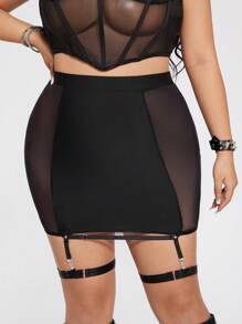 SHEIN ICON Plus Size Women Tight-Fitting Mesh Patchwork See-Through Suspender Garter Waist Design Low-Rise Mini Skirt - Black - View 1