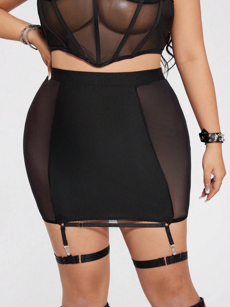 SHEIN ICON Plus Size Women Tight-Fitting Mesh Patchwork See-Through Suspender Garter Waist Design Low-Rise Mini Skirt - Black - View 1