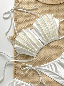 Swim SXY Conjunto de bikini de 2 piezas para usar en la playa en primavera y verano, con parte superior tipo cropped con tirantes blancos y decoración de cuentas hecha a mano, y Bottom con amarres laterales, estilo boho festivo