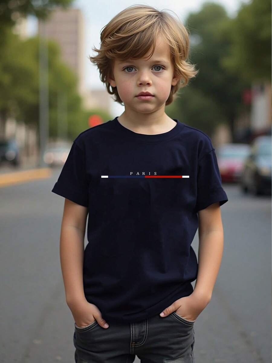 SHEIN Young Boy Paris Line Print Round Neck Short Sleeve Casual T-Shirt - Royal Blue - View 1