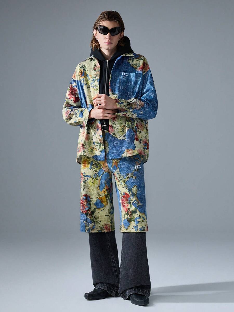 NEON BLANC Men's Street Style Embroidered Blue Long Sleeve Woven Shirt - Blue - View 1