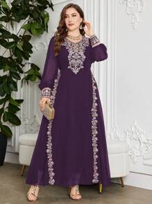 Al Najma Plus Size Customized Floral Lace Long Sleeve Round Neck Waisted Slimming Elegant Maxi Dress, Modest Kaftan - Purple - View 4