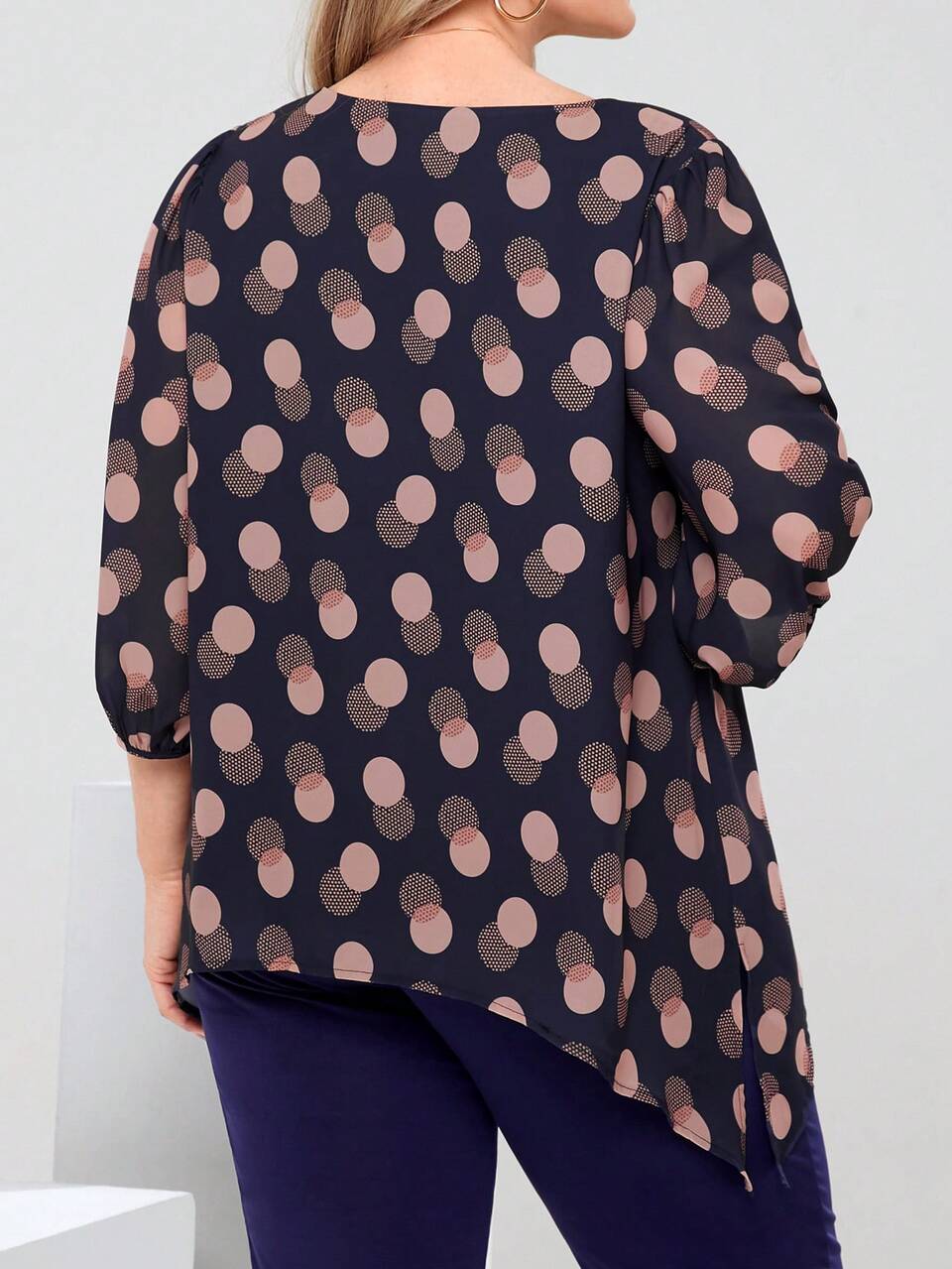 Plus Size Women's Polka Dot Print Round Neck 3/4 Sleeve Casual Shirt