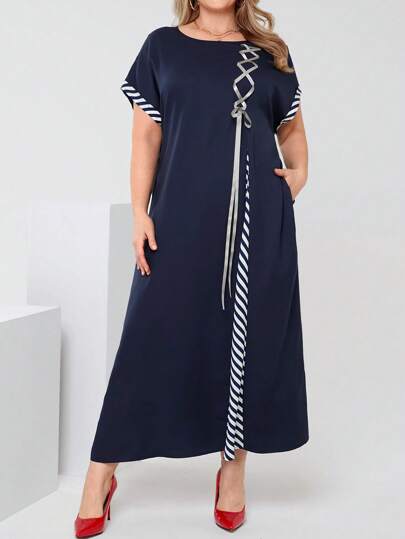 EMERY ROSE Plus Size Women Patchwork Striped Round Neck Batwing Short Sleeve Casual Dress Spring Outfits For Women Elegant