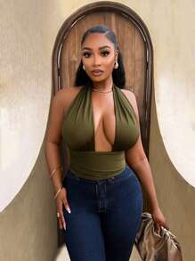 BamGleam Top corto de mujer con cuello en V profundo y espalda descubierta - Verde Oliva - Ver 1