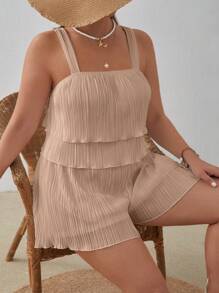 SHEIN VCAY 2pcs Plus Size Solid Color Camisole And Shorts Set, Minimalist Style Casual For Everyday