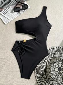 Swim Chiccia 1 件女式性感休闲优雅复古纯色单肩镂空露背金属 U 形环装饰连体泳衣，春假 - 黑色 - 查看 4