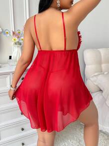 SHEIN 2pcs Set Valentine's Lace Mesh Splice Plus Size Sexy Nightgown With String Panty