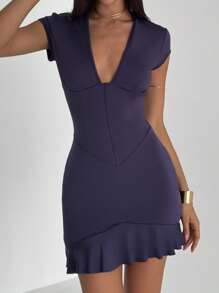 Aloruh Sexy Deep V-Neck Purple Mini Dress With Cap Sleeve, Ruffle Hem, Fitted Bodycon Mini,Business Casual Woman - Purple - View 6
