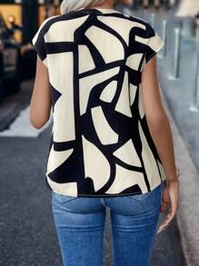 SHEIN LUNE 女士几何印花 V 领蝙蝠袖短袖休闲衬衫 - 黑與白 - 查看 2