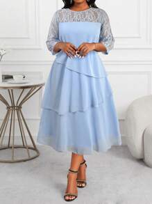 SHEIN Lady 大码女装商务专业蓝色镂空袖蕾丝拼接荷叶边分层中长连衣裙教师服教师连衣裙秋季连衣裙蕾丝连衣裙四季