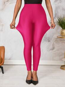 SHEIN Lady Women's Luminous Green Stretch Leggings - Hot Pink - View 3