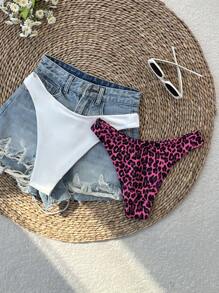 SHEIN Swim Women 2pcs Springbreak Beachwear Summer Plain & Leopard Print Swimwear Leopard Bikini Bottoms - Multicolor - View 2