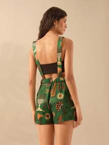 CAJUNI Women's Boho Tropical Leopard, Palm Tree, Snake Plant Print Jumpsuit With Large Pocket, Casual Summer Beach Outfit, Green
