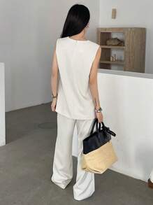 DAZY 2 件套女士休闲纯色开衩背心和裤子套装，春夏秋冬