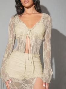 SHEIN BAE White Lace See-Through Sexy Going Out Blouse With Ruffle, Bowknot Strap Decor, Suitable For Date, Night Club Party, Open Top For Women