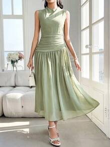 Modelyn 女式无袖高领褶饰中长连衣裙 - 綠色 - 查看 5