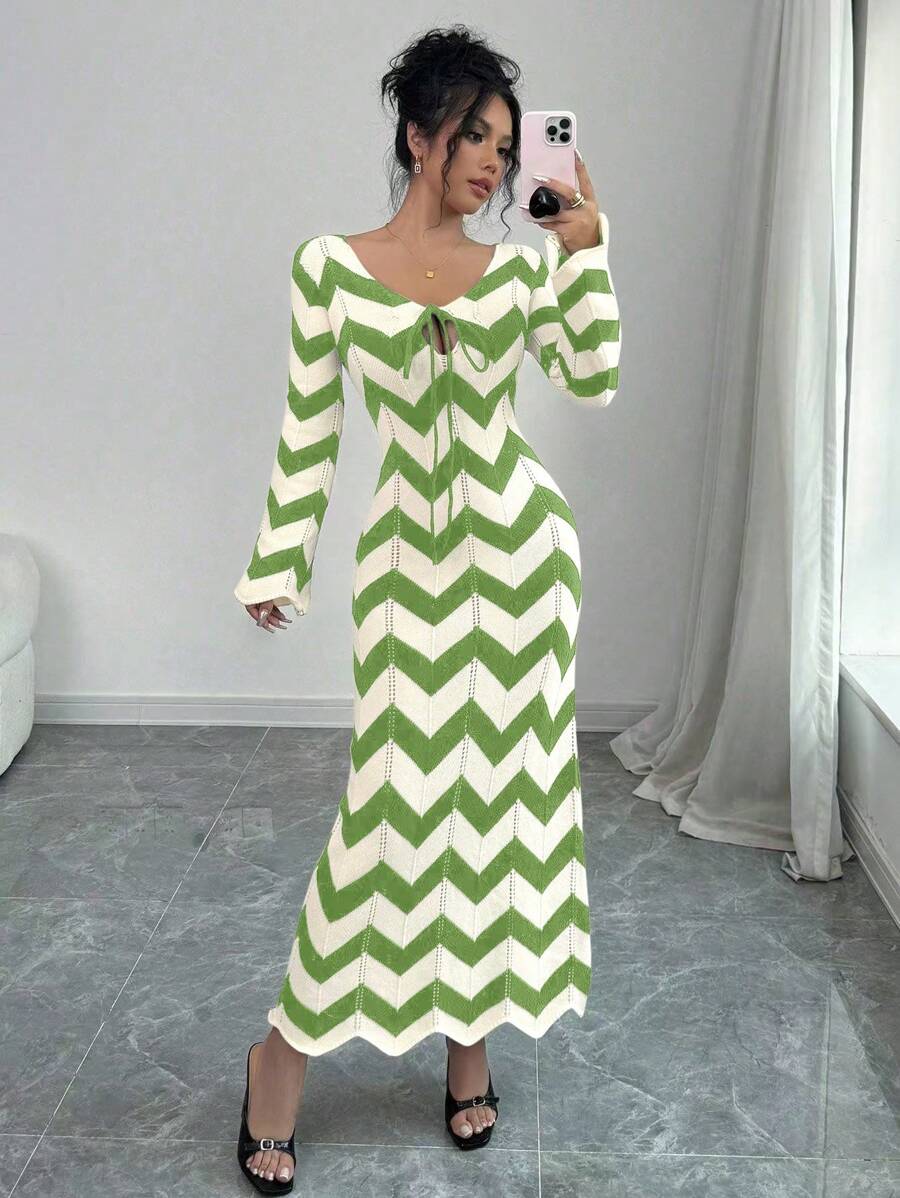 SHEIN Unity 女士条纹系带针织长裙 - 綠色 - 查看 1