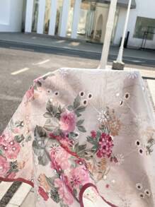 SHEIN LUNE Women V-Neck Open Front Jacquard Tie-Up Sleeveless Cropped Vest Waistcoat, European & American Style European Summer Ibiza Outfits Mesh Embroidered Top Going Out Top Vacation Tops Fairycore Cute Summer Tops Tube Top Flower Top Bohemian Tropical Tropical Vacation Woman Clothes - Pink - View 7