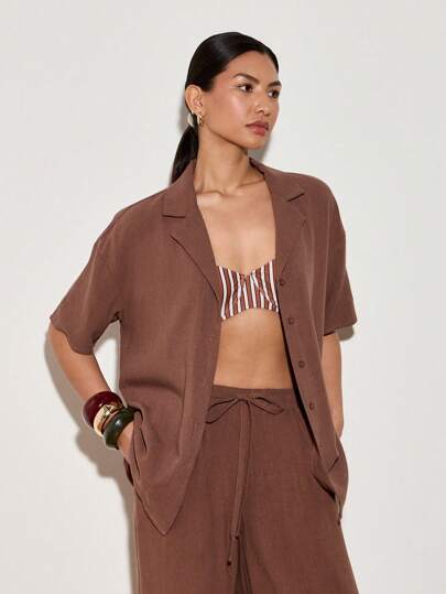 AiiRZ Oversized Resort Blouse Short Sleeve Collared Shirt Fluid Summer Beach Cover Up Business Casual Office Work Wear Lightweight Vacation Top
