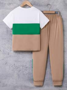 2 Pcs/Set Boys' Color Block Crew Neck Long Sleeve Sweatshirt And Trousers