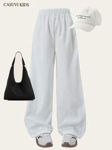 SHEIN Casuvi Kids 1pc Tween Girl High-Quality Textured Fabric White Casual High-End Comfortable Long Pants, New Summer Style Girls Pants Outfits - White - View 3