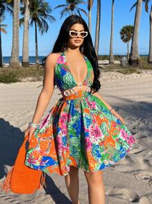 SHEIN SXY Women Mini Dress, Casual & Fashionable For Daily Wear, Beach Dresses For Women, Tropical Vacation Woman Clothes, Resort Dresses For Women,Sun Dresses For Women,Cruise Attire Women,Backless Dress,Resort Wear Women,Ibiza Outfits,Sexy,Spring Break,Summer,Sundress - Multicolor - View 6