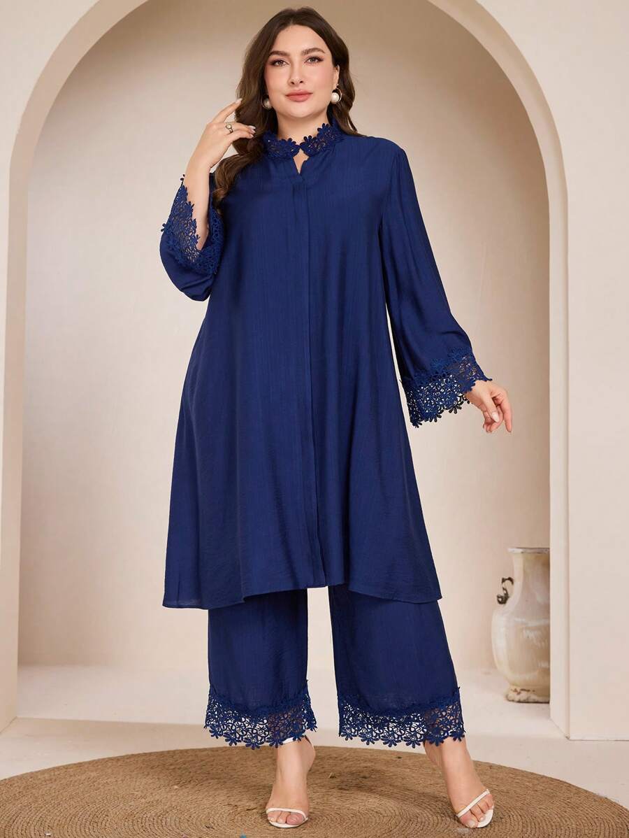 Graceveil Conjunto de blusa de encaje y cuello alto de manga larga talla grande pantalones anchos sueltos y cómodos de moda para mujer de talla grande - Azul Marino - Ver 1