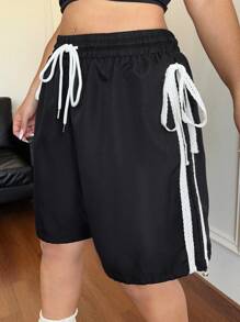 Flirla Plus Size Women Elastic Waist Drawstring Pants With Side Trim Edge - Black - View 4